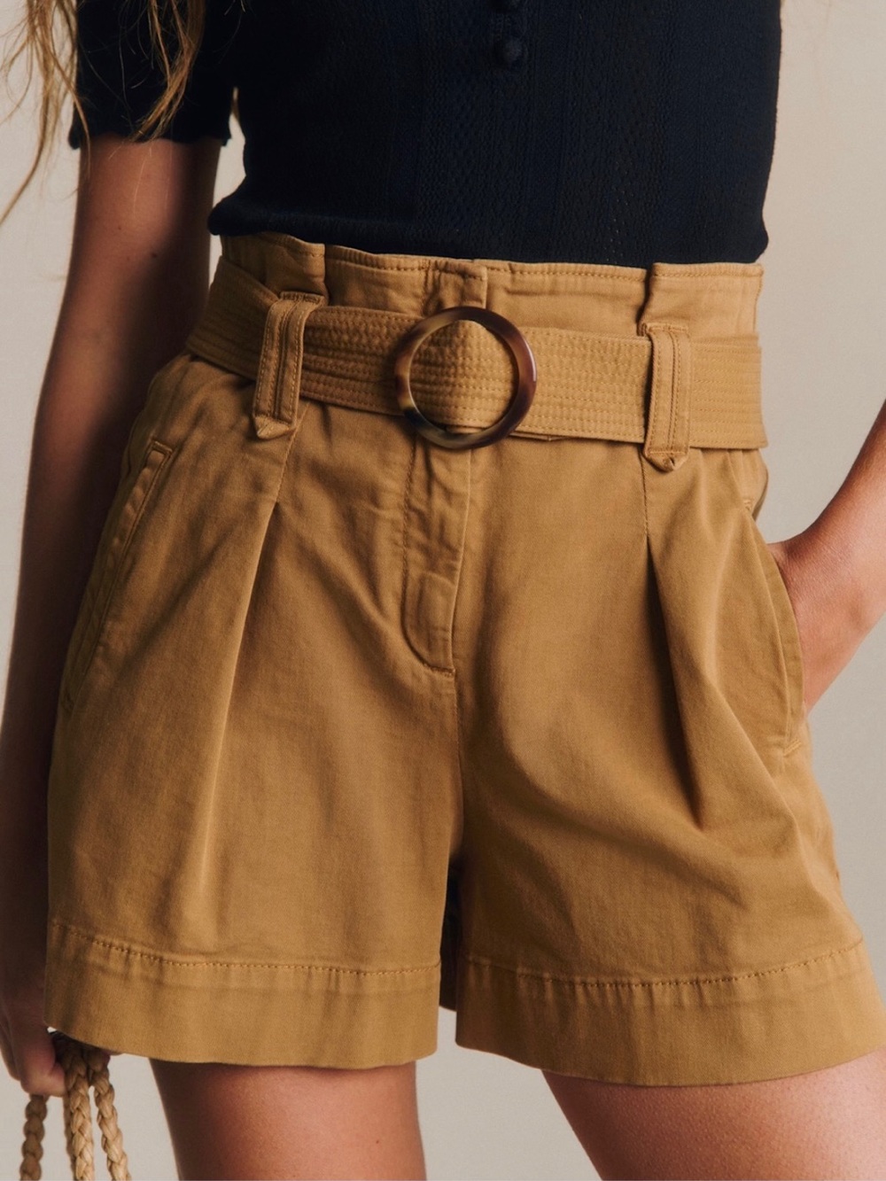 Sezane High-Rise Belted Shorts — Brown
